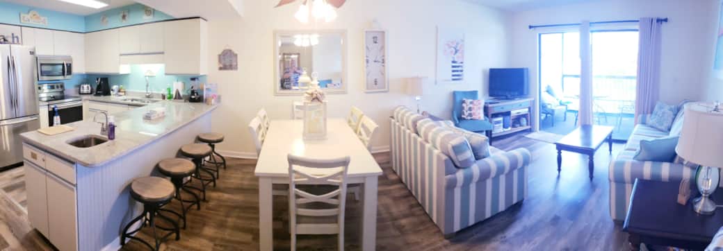 Panoramic View of the Kitchen, Dining Area, Living Room