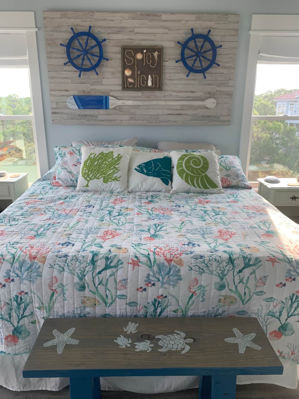 2nd floor master bedroom with coastal headboard