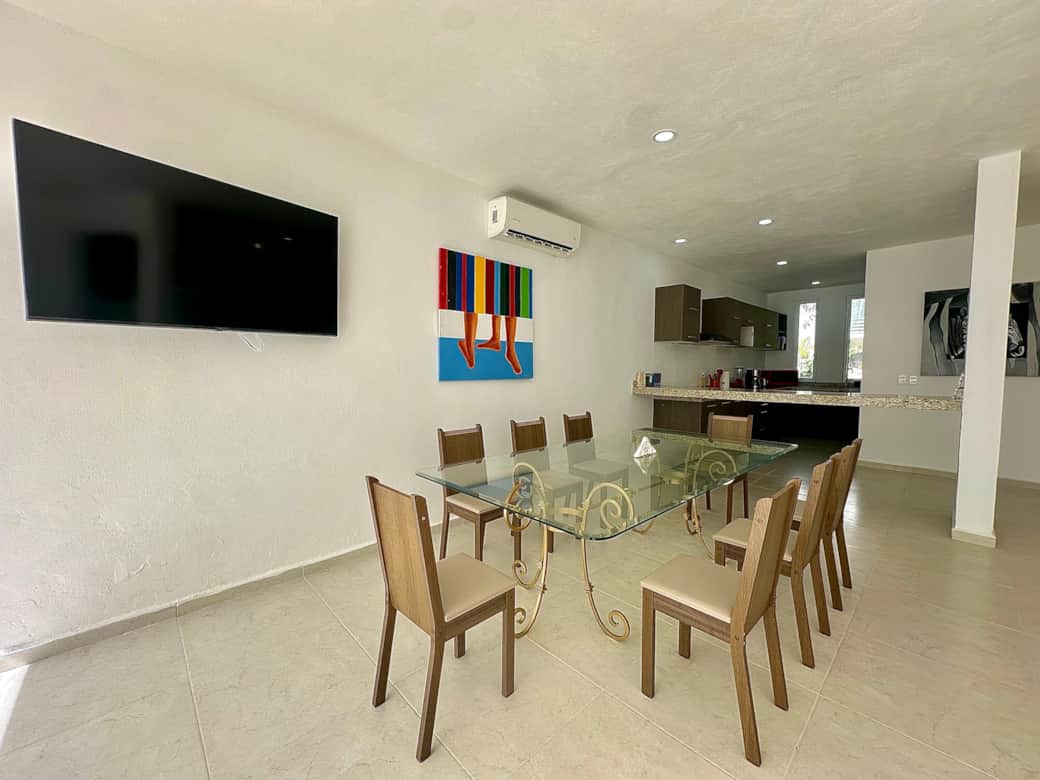 Open living space: living room, kitchen, dining area and patio 
