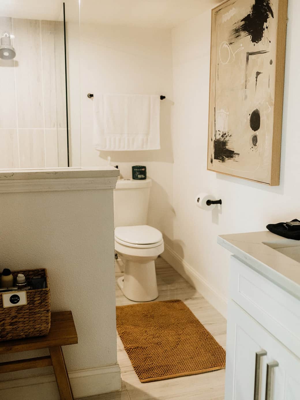 Each bathroom is stocked with personal bar soaps and luxury haircare including shampoo, conditioner, and multiple styling products from exclusive professional lines Davines and R+Co brought to you by Skylight Salon on the square in Downtown McKinney.