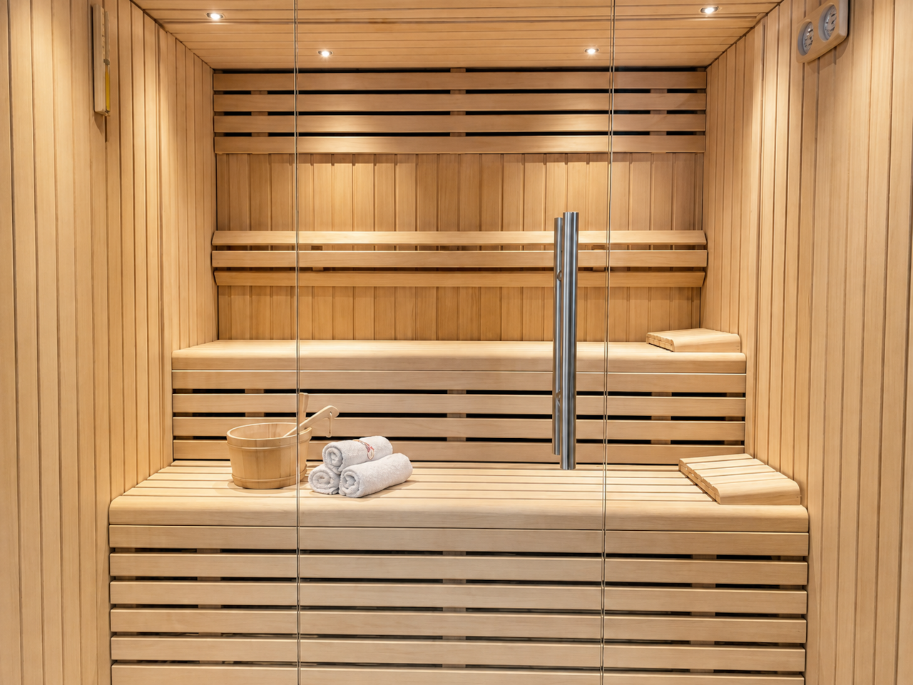Sauna finlandesa privada con cerramiento de cristal, banco de madera y toallas, wellness Corralejo