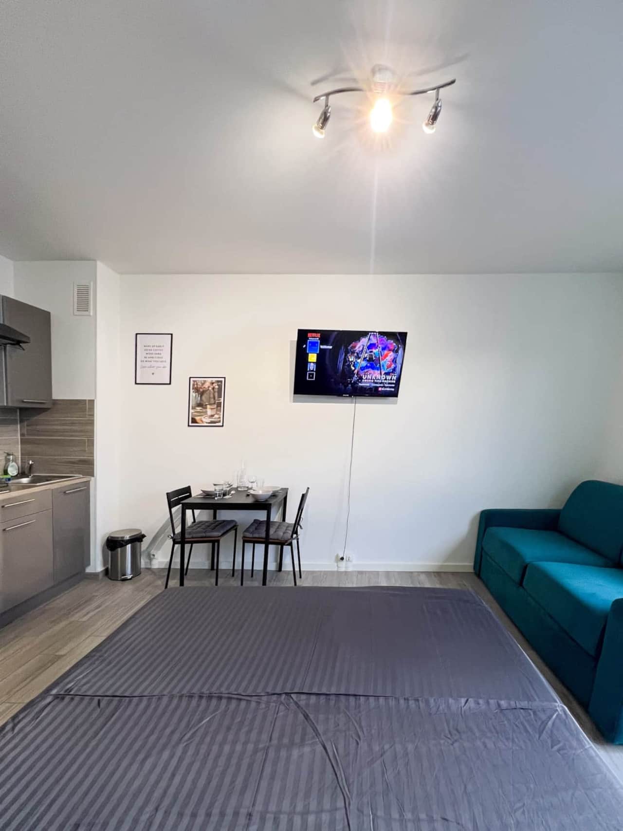 Studio with a large bed and comfortable sofa and fully equipped kitchen