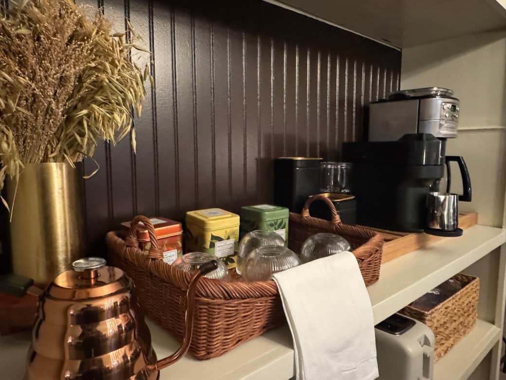 Breakfast bar stocked with coffee and tea essentials. 