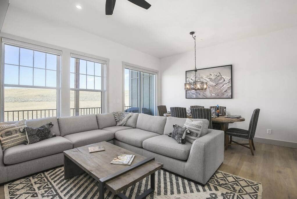 Spacious great room with tons of light and views of the hills! 