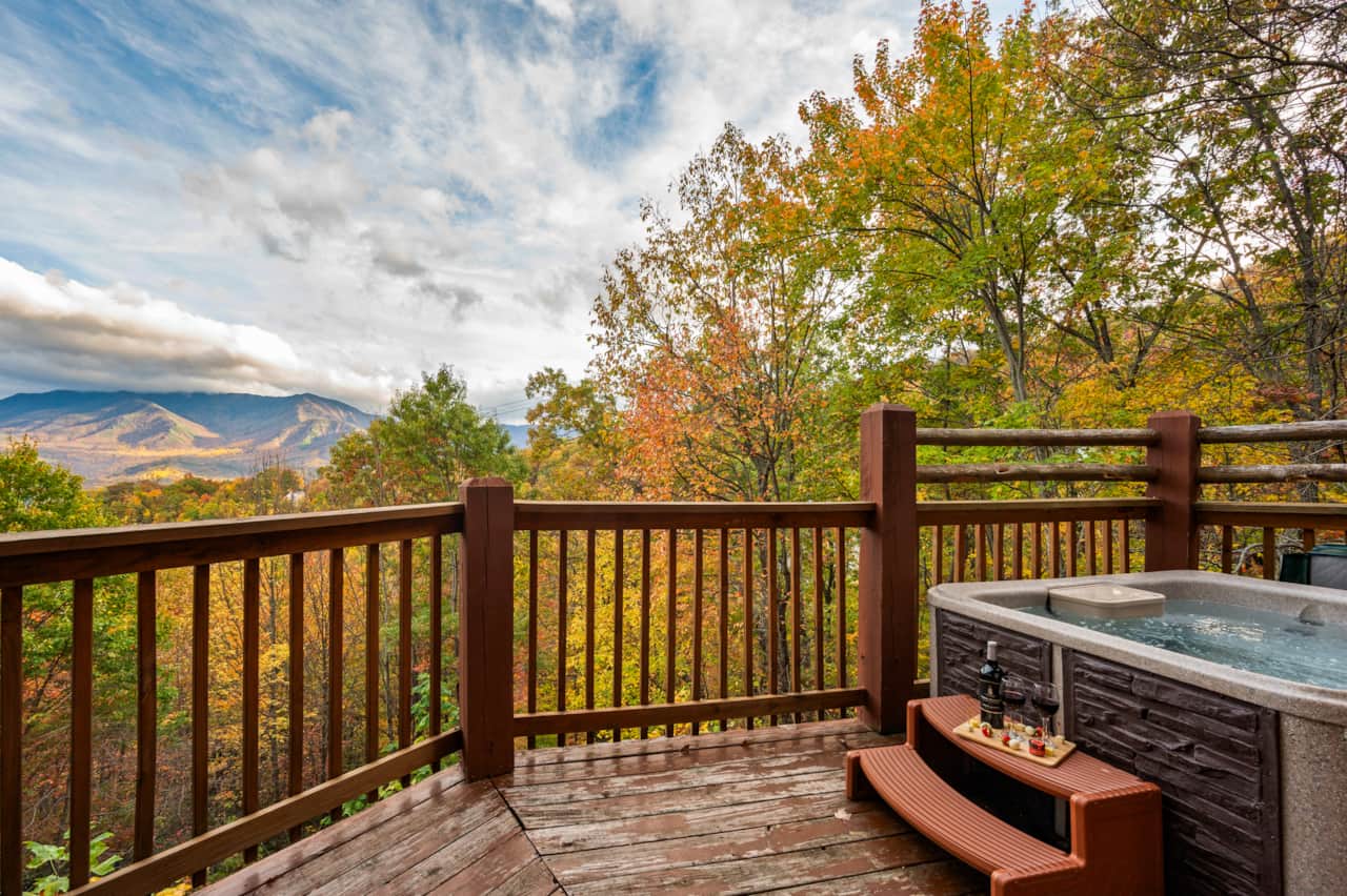 Private hot tub and deck with panoramic Smoky Mountain views