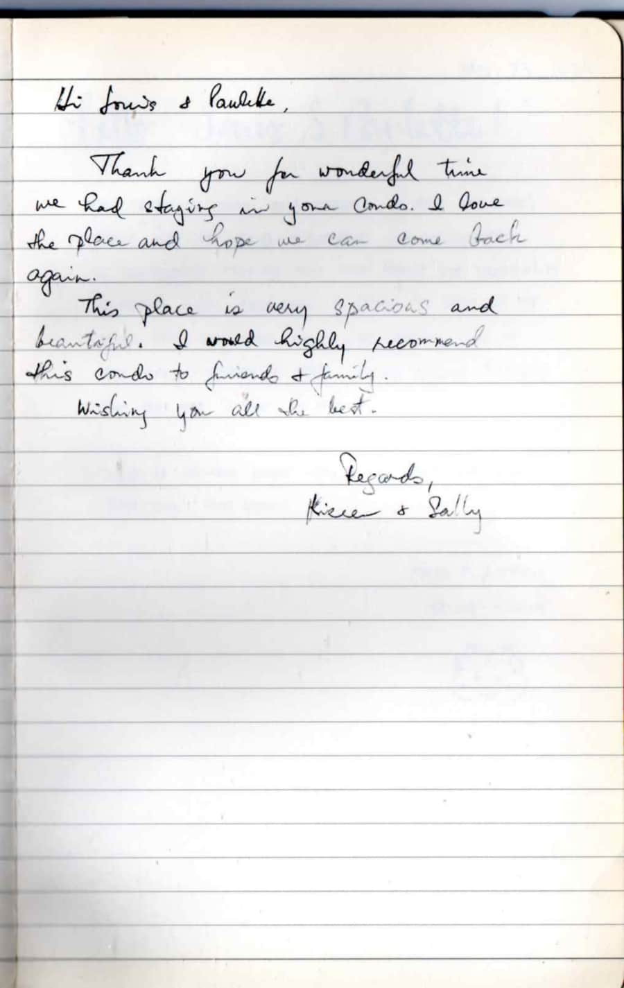 Handwritten guest note from Raya P09 guest book