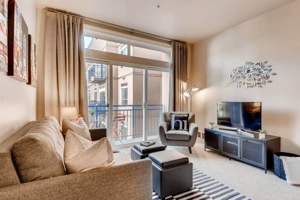 Living Room with a Comfortable Memory Foam Sleeper Sofa & Flat Screen TV