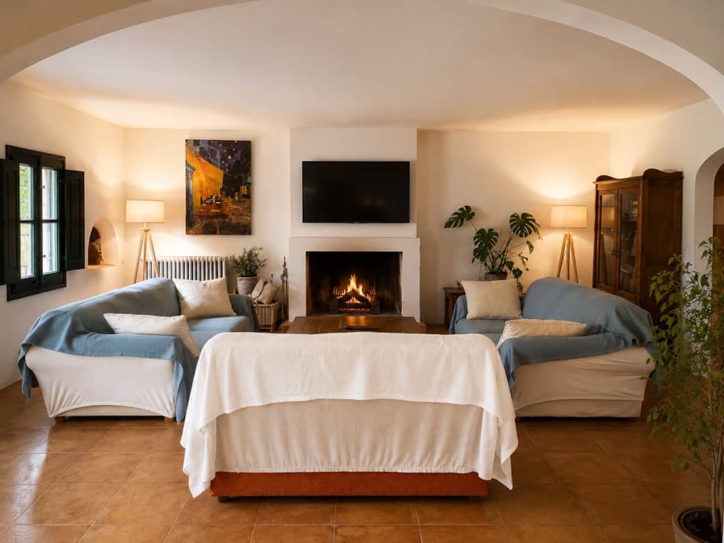 Salon spacieux et chaleureux avec cheminée
