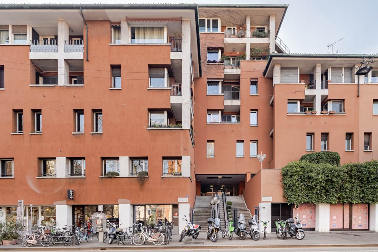 Building façade with balconies, in Brera, Milan