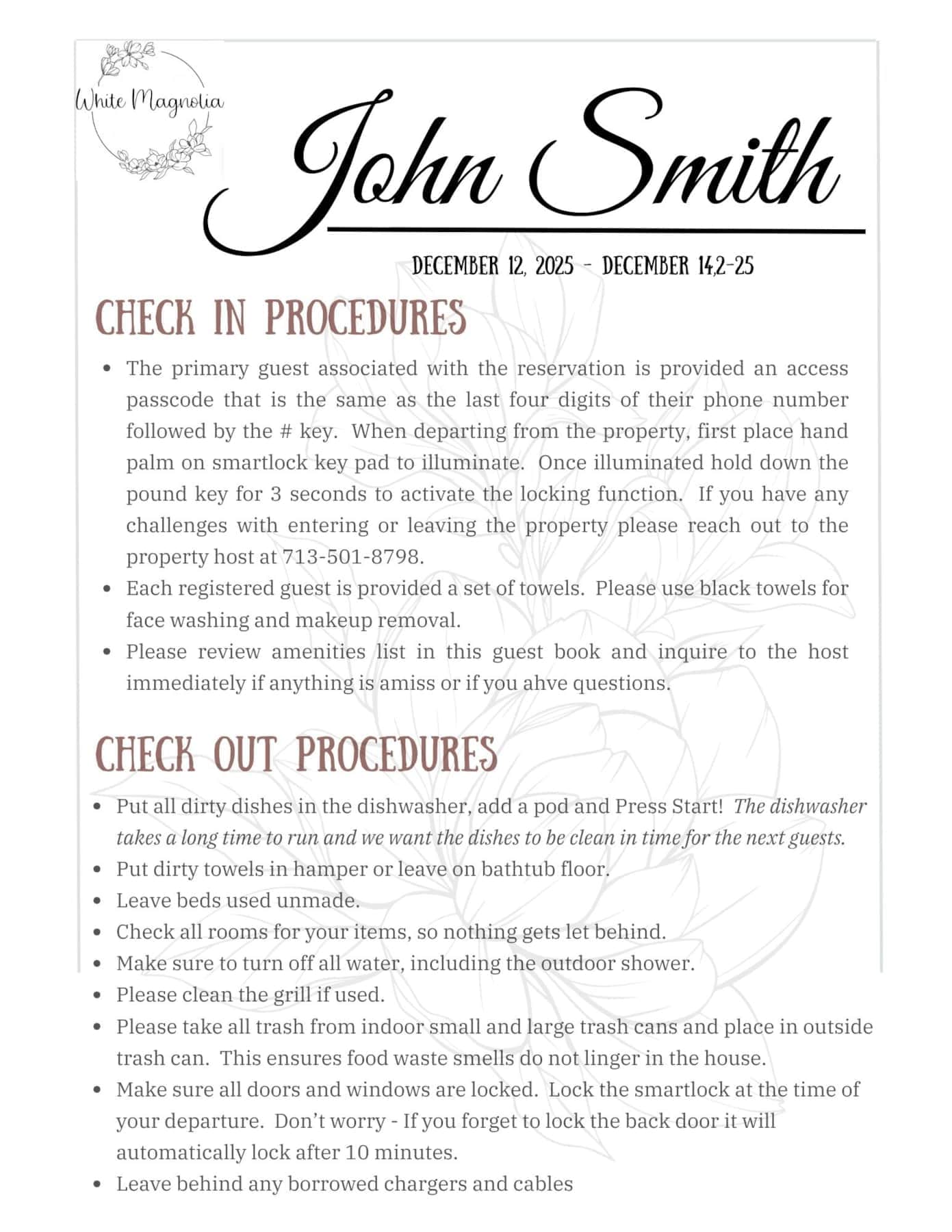 Personalized welcome page with guest name and check-in instructions for a luxury Galveston vacation rental