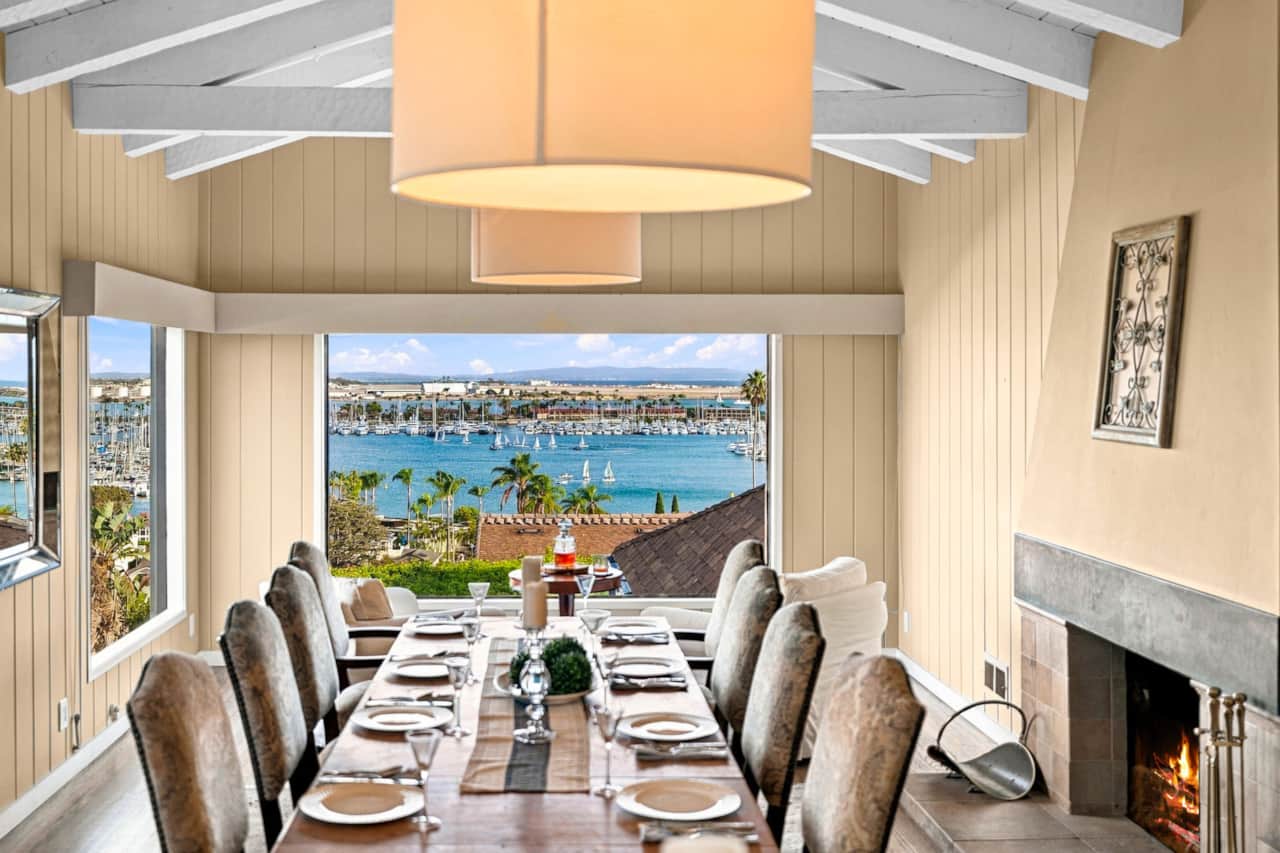 Elegant Dining Room with Stunning Marina Views & Fireplace