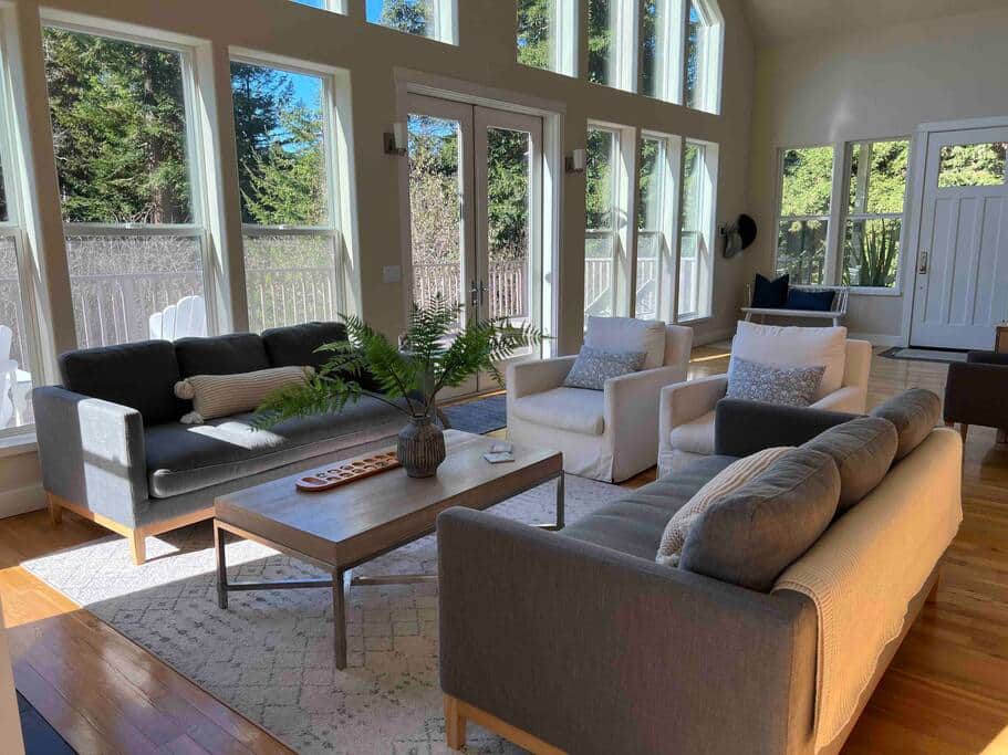 Our living room now has two couches and very comfy swivel chairs, and a wonderful gas fireplace.