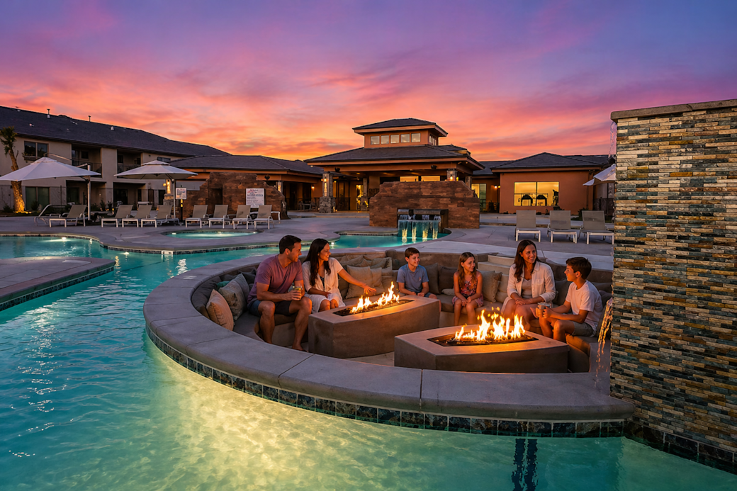 Wide evening resort scene at sunset a luxurious p