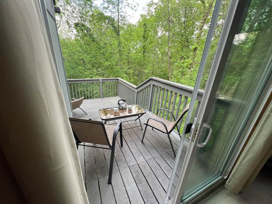 Back deck space accessible from primary bedroom’s sliding glass door