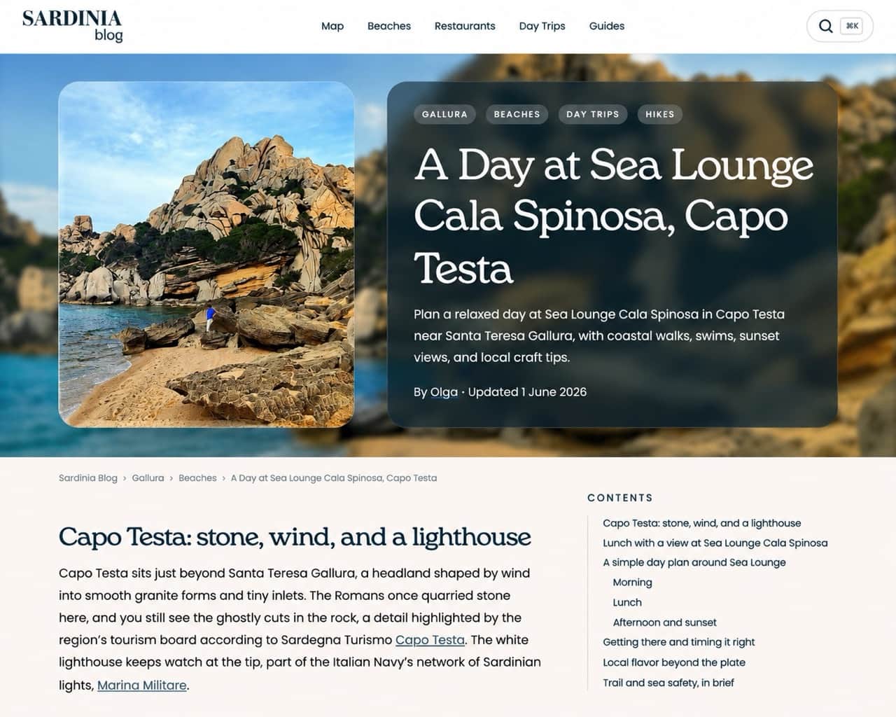 Sardinia.blog article page showing a story with nearby places, events and news surfaced from the interactive map