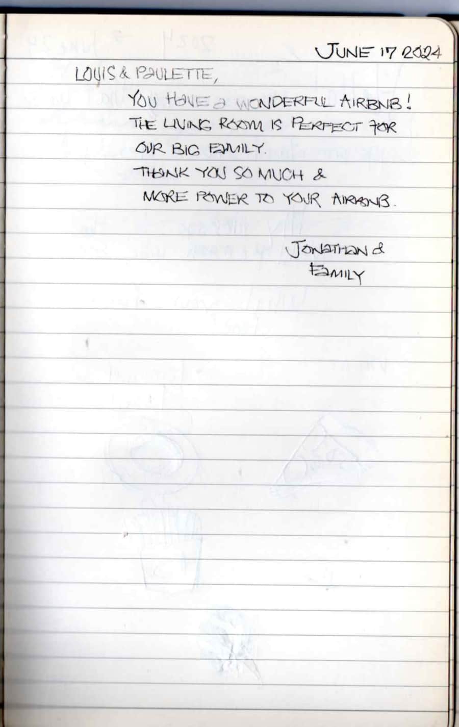 Handwritten guest note from Raya P09 guest book