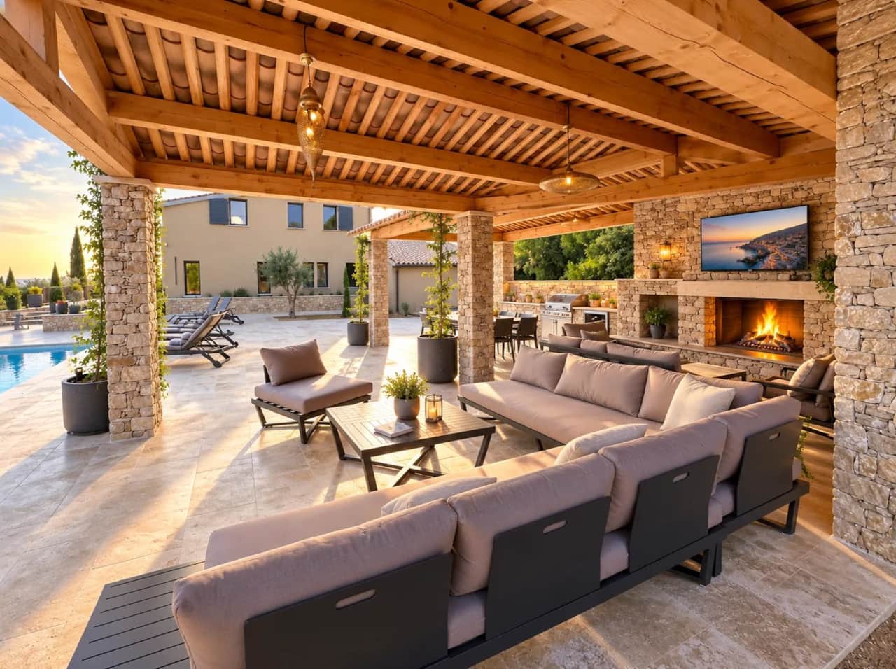 This relaxing pool house with beautiful views of the mountain is equipped with a fireplace