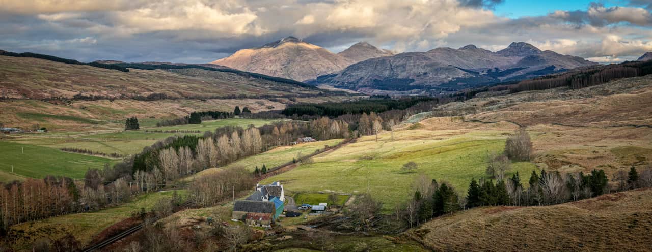 Wide mountain and glen view surrounding Strathfillan Lodge