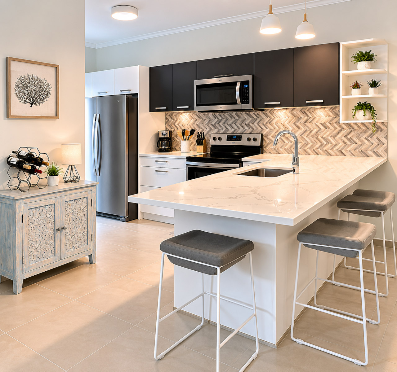 Fully-equipped open-concept kitchen