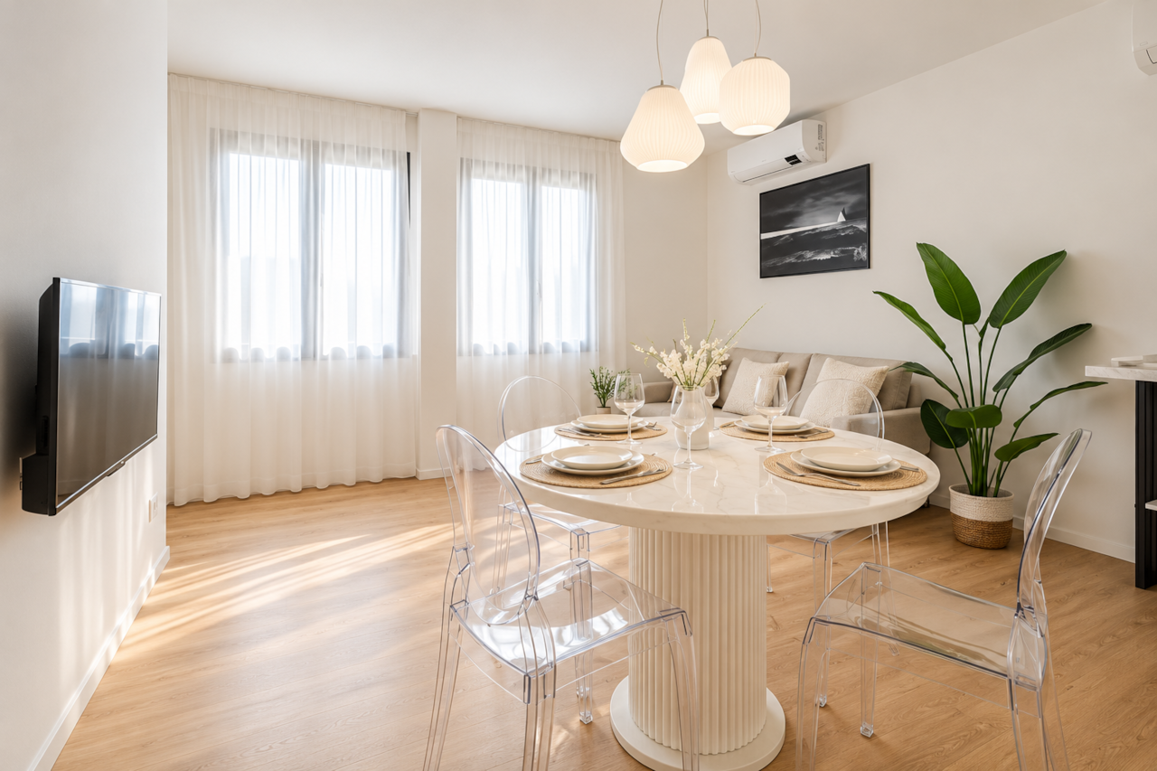Interno minimalista luminoso con tavolo da pranzo