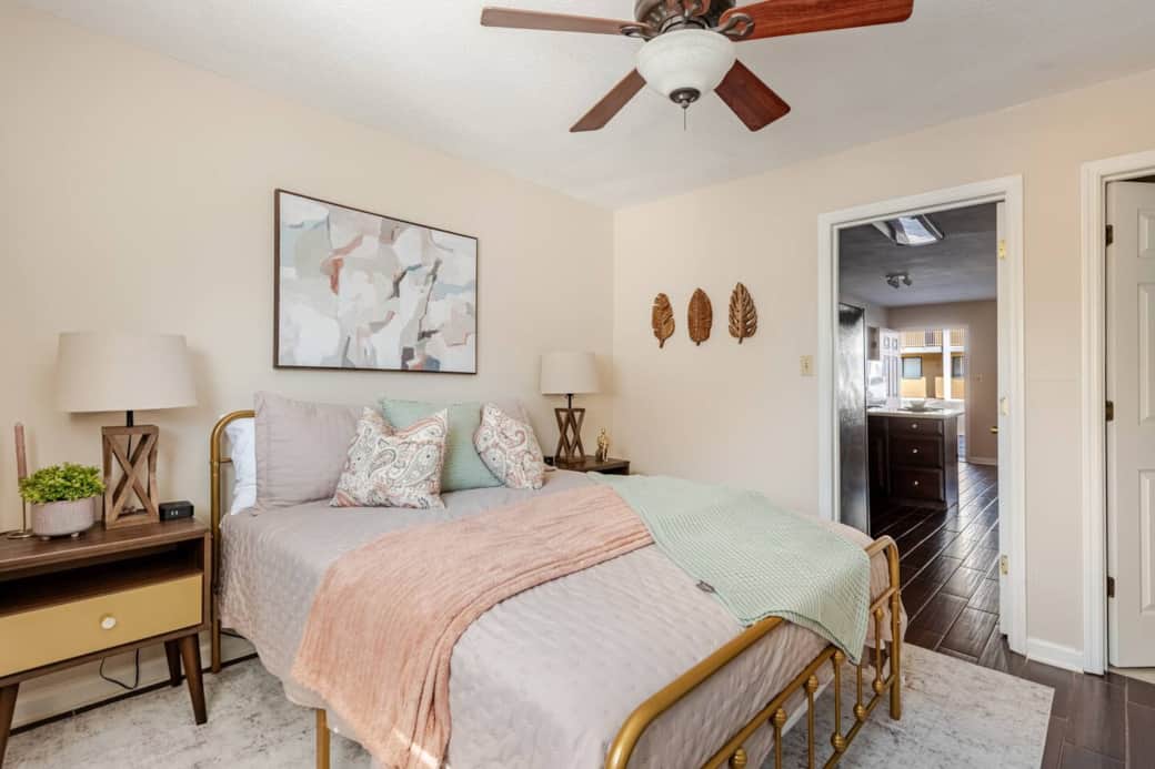 View from the master bedroom into the kitchen and living room