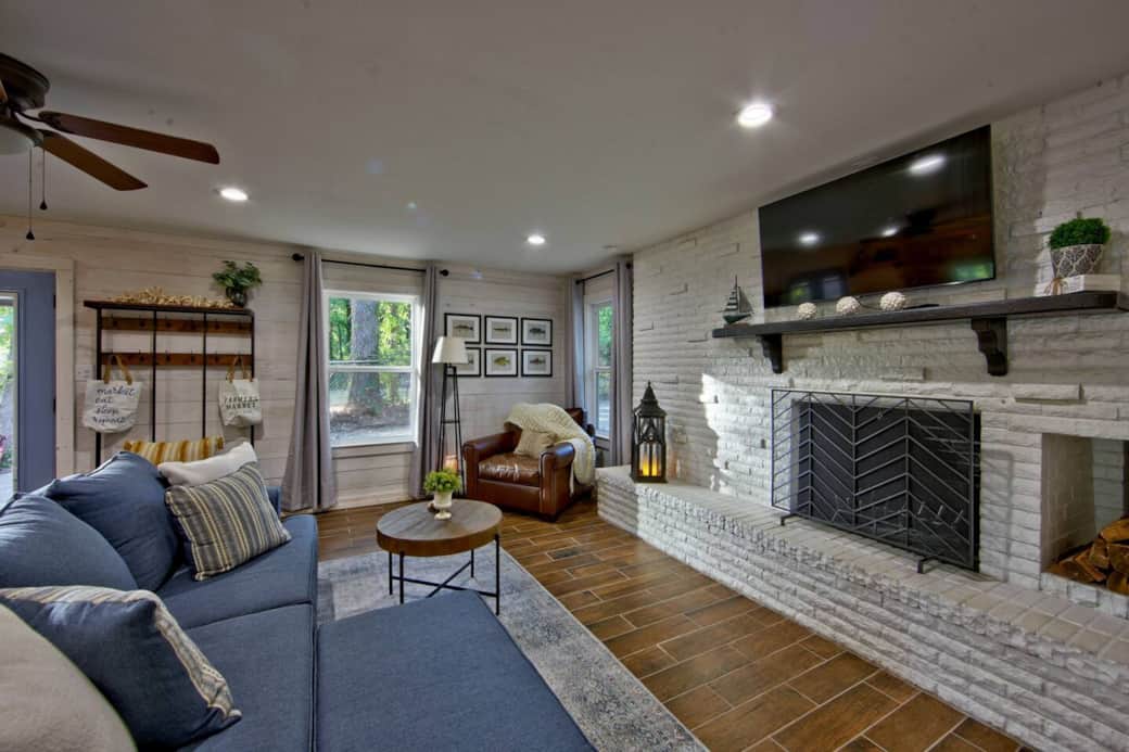 TV includes Hulu, Netflix, Disney Plus. Fireplace has electric insert for heat. TV includes Hulu, Netflix, Disney Plus. Fireplace has electric insert for heat.