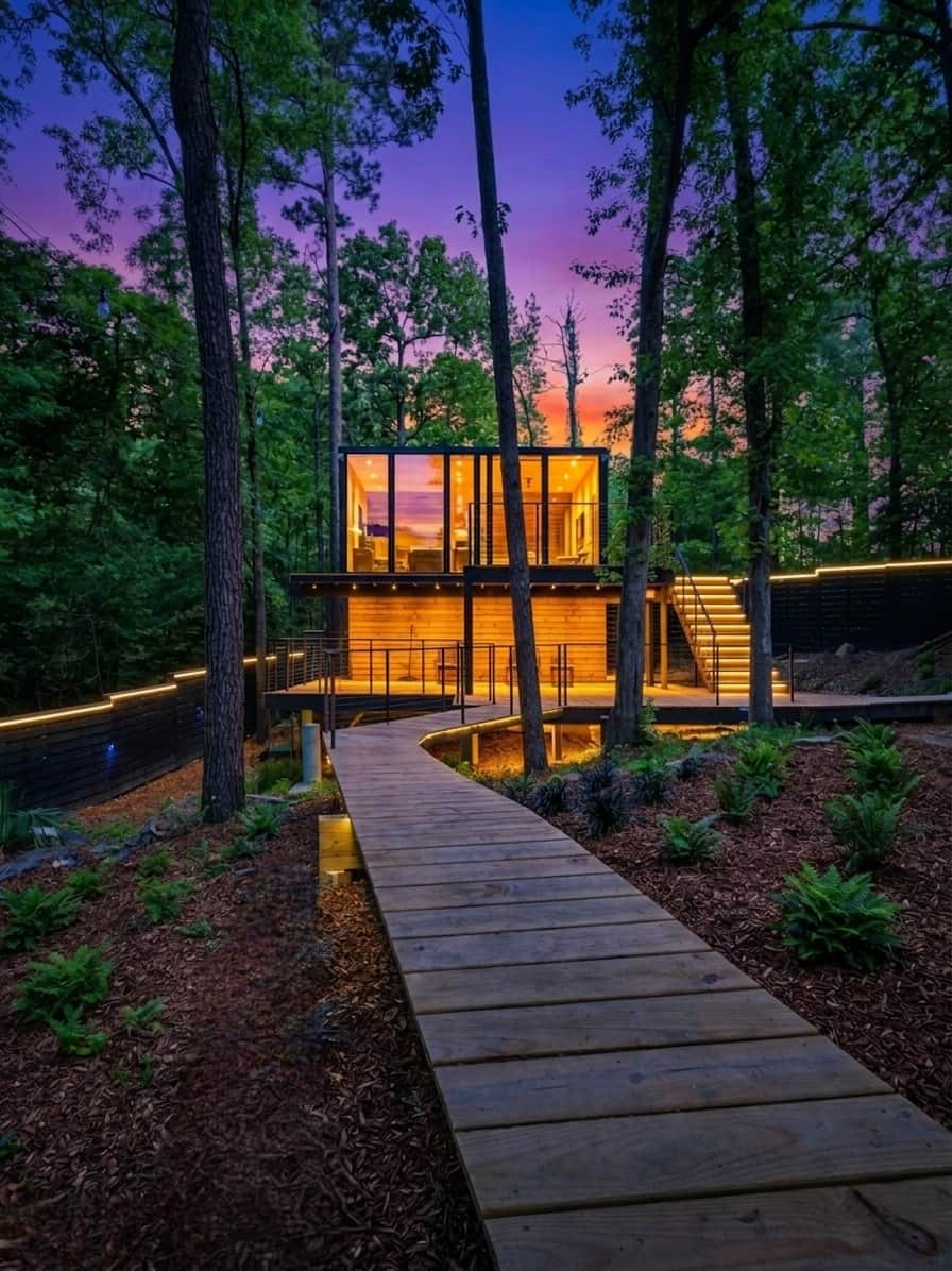 The boardwalk approach - Mirror House at twilight 