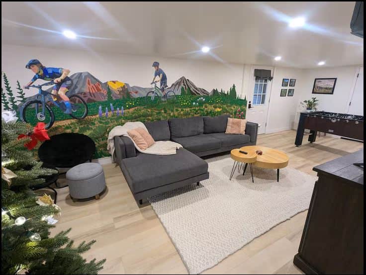 Parker's Den living room with custom mural Parker's Den living room with custom mural