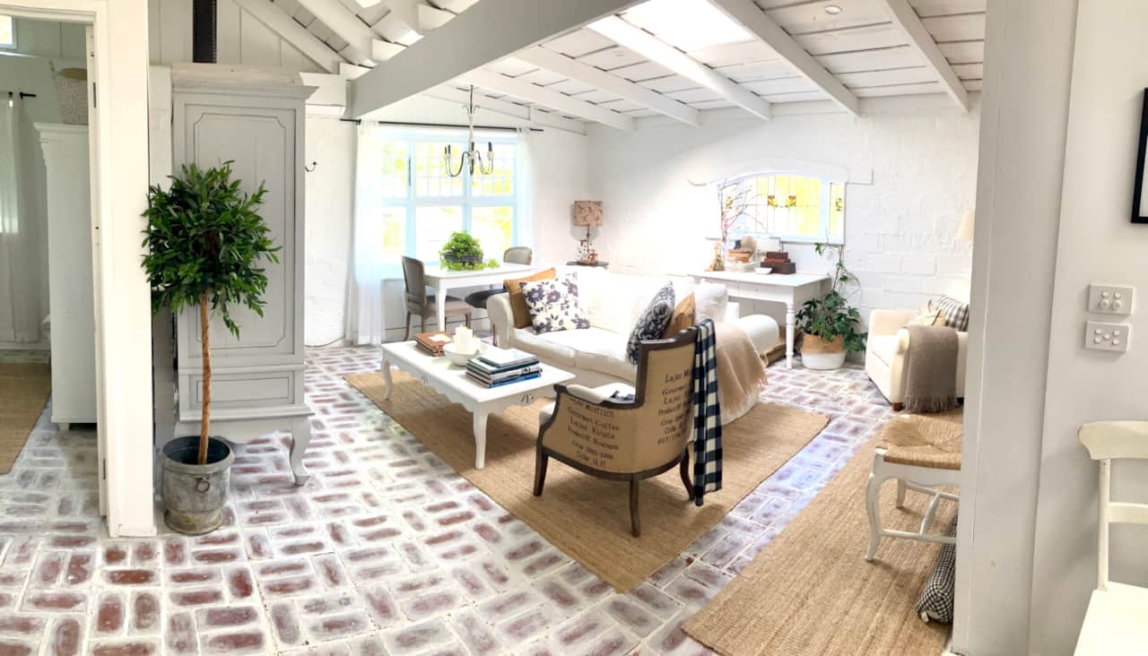 My light filled living room is a cool oasis in summer & a cosy hideaway in winter with the wood fire