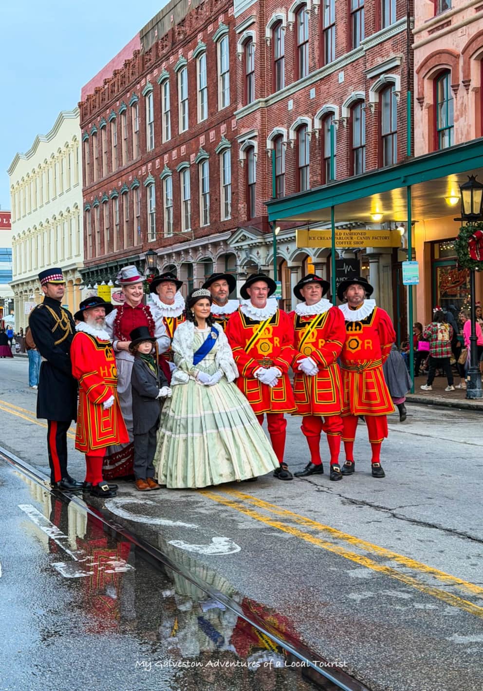 Victorian-costumed performers and holiday decorations at Dickens on the Strand in Galveston
