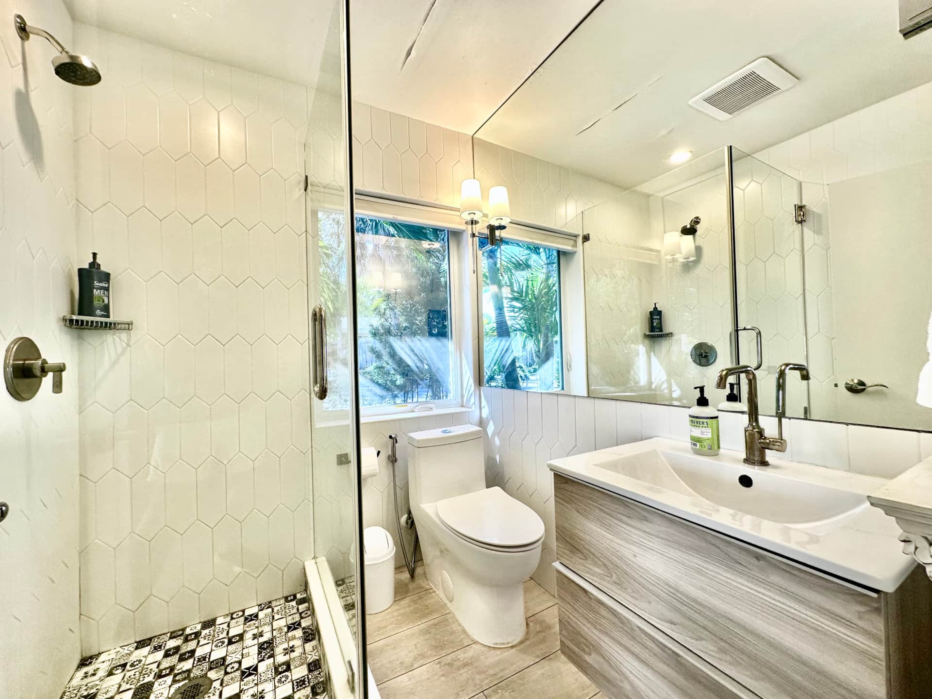 enovated Unit 2 bathroom at Casa Citron with plumbing maintained in the same location, fully updated finishes, modern fixtures, and a clean, masculine design.