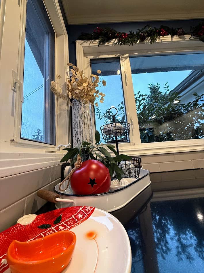 Holiday decor works its way into the kitchen for fun family cooking.