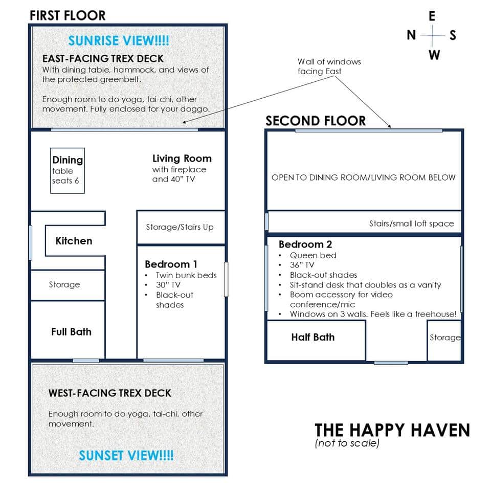Floorplan of the Happy Haven. Each floor has a bedroom and bathroom allowing for (some) privacy. Floorplan of the Happy Haven. Each floor has a bedroom and bathroom allowing for (some) privacy.