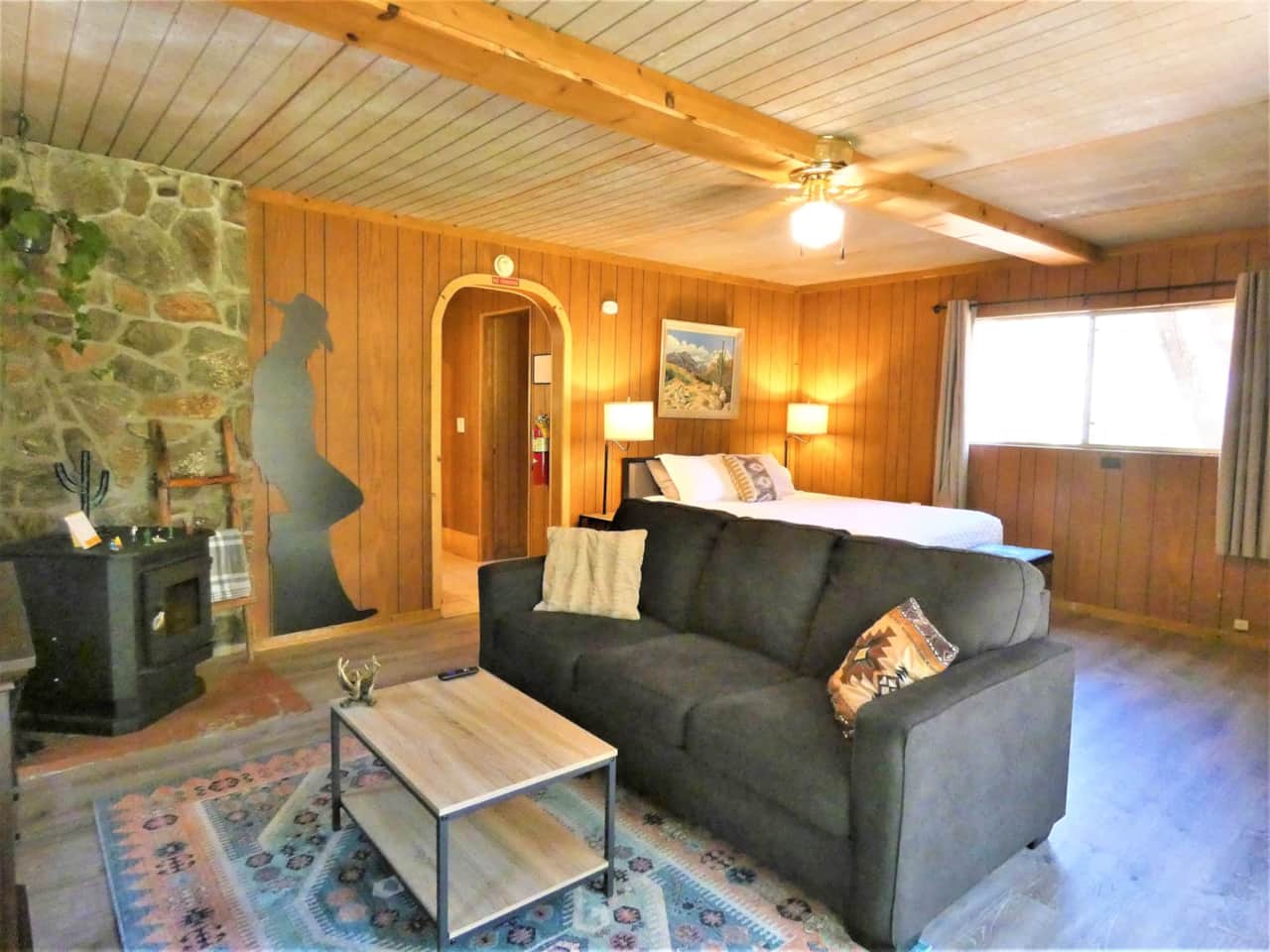 Main room with new Queen sized sofa sleeper with extra topper for added comfort.