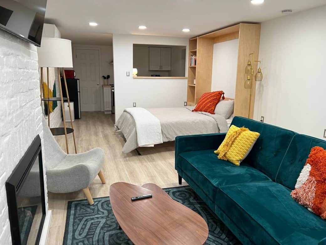 Set up as a sleeping and living area. Queen bed. 