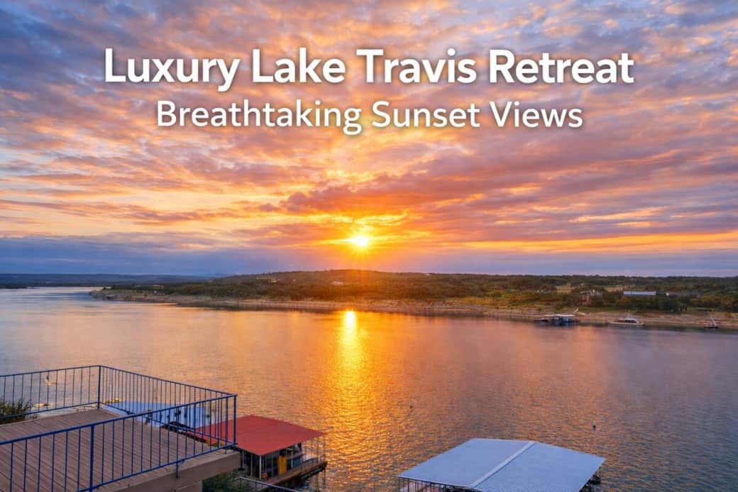 Large waterfront hot spot with easy access to Lake Travis, boatslip and nearby ramp, with pool side lounging, and an outdoor bbq on the deck with this view!