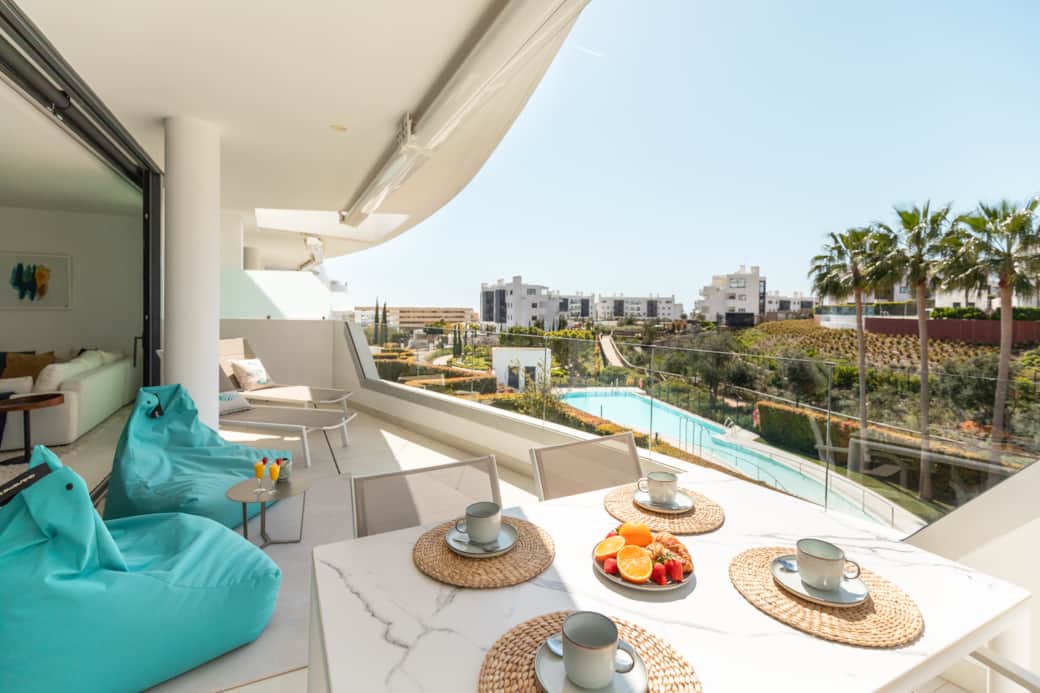 Spacious terrace with dining and views