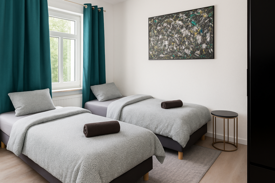 Minimalist Schlafzimmer mit abstraktem Gemälde Minimalist Schlafzimmer mit abstraktem Gemälde