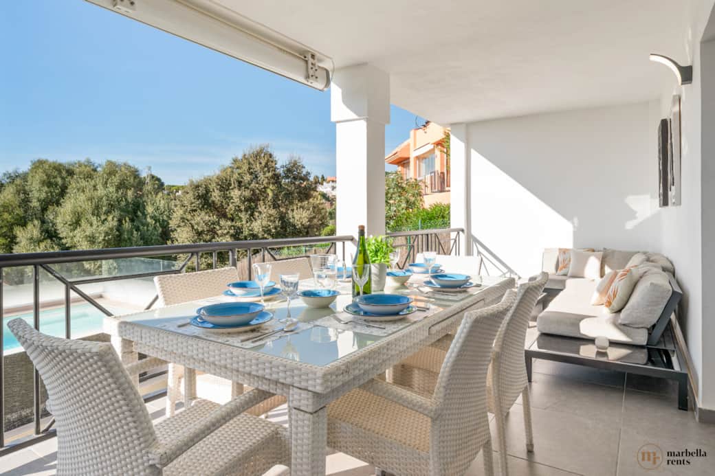 Outdoor lounge and dining area.