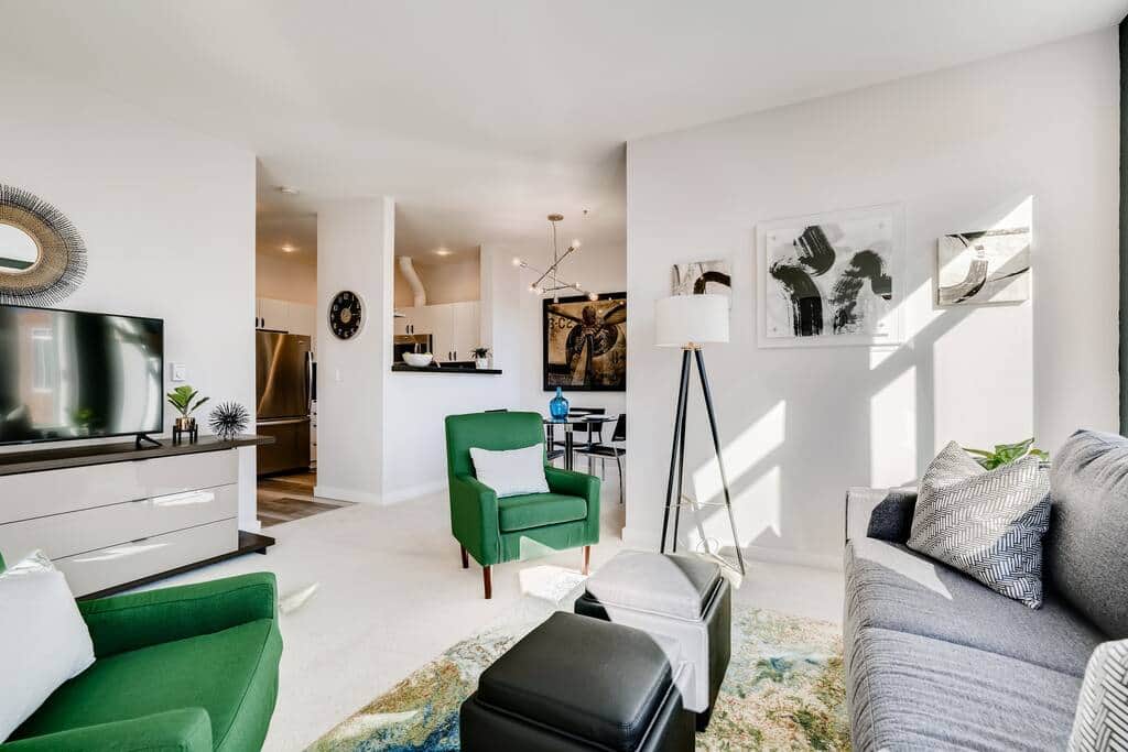 Spacious living room with comfortable American Leather sleeper sofa