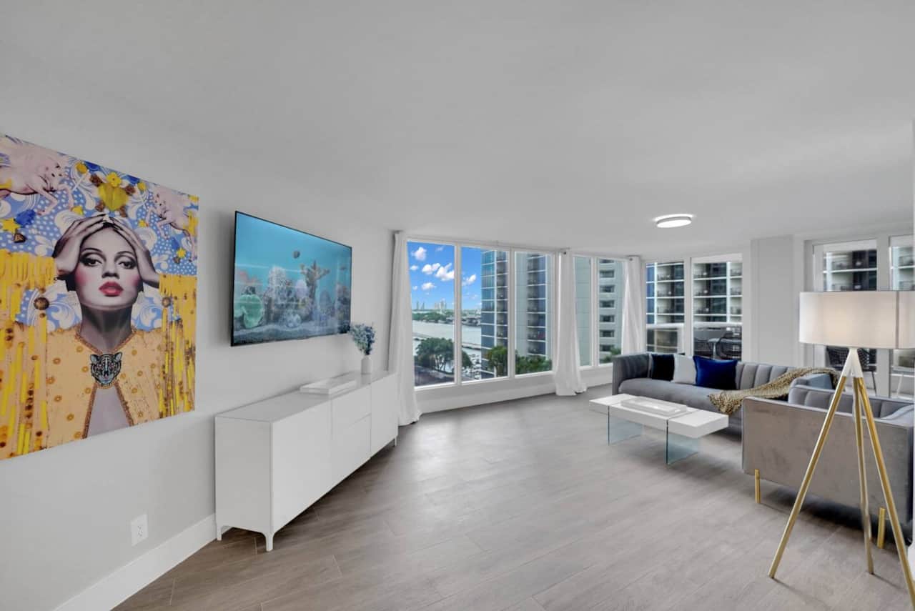 Living room, 65" Roku tv, water views of Biscayne Bay