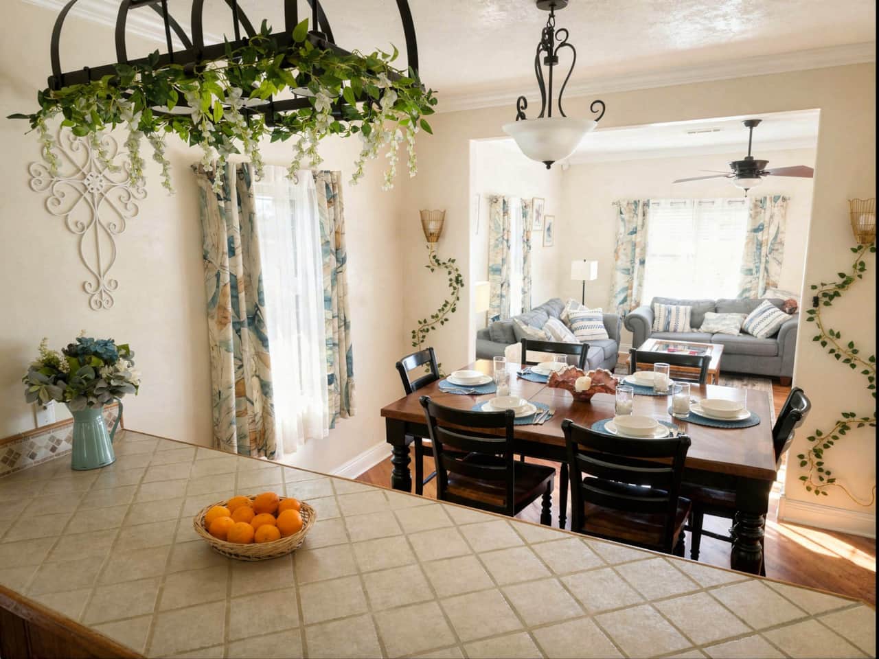 Open Floor Plan, Roku TV's, fireplace, boho lamps, ceiling fans