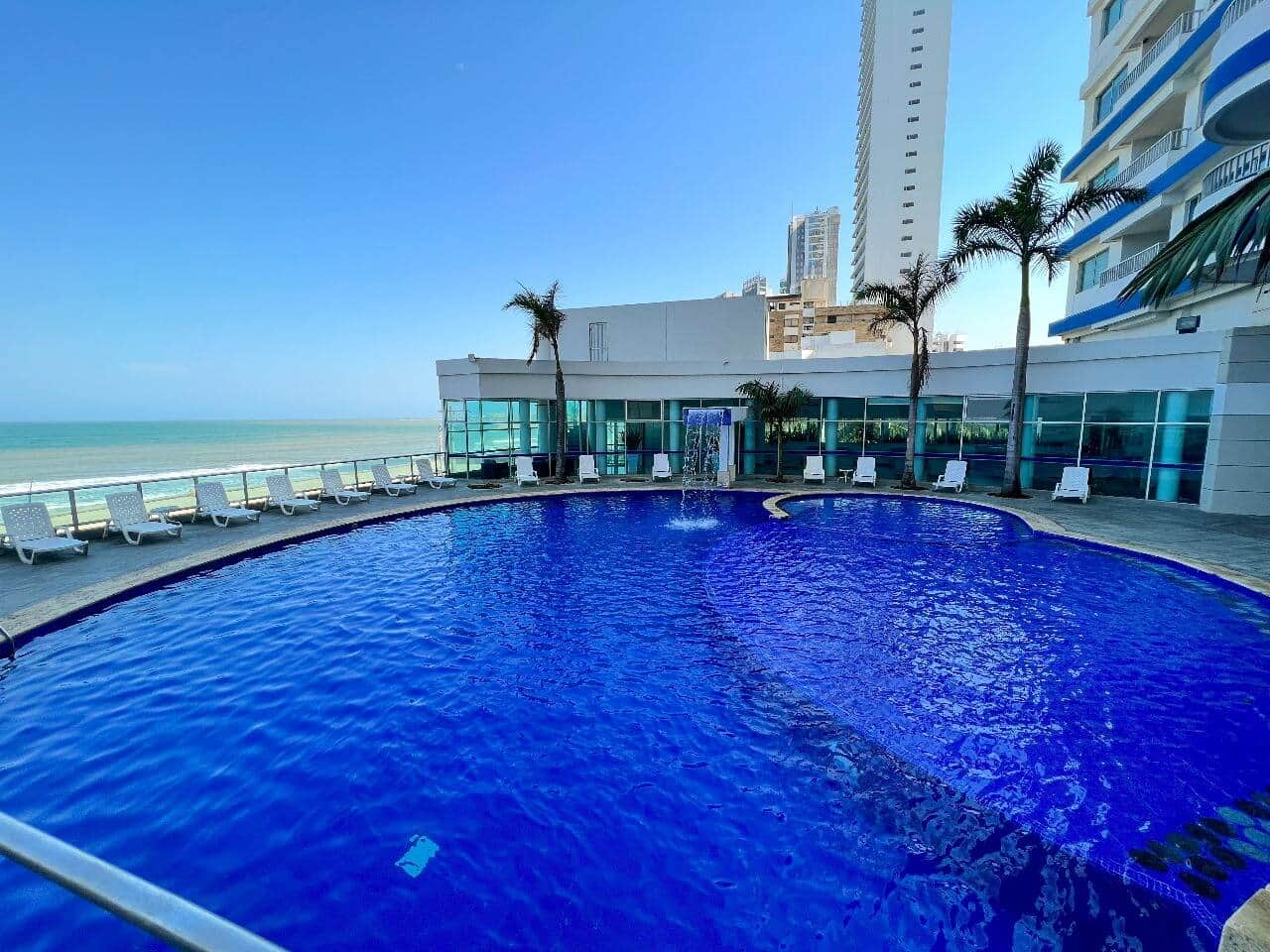 Piscina con vista al mar, rodeada de camastros y palmeras. Ideal para relajarte, tomar el sol o disfrutar del atardecer. Acceso exclusivo para huéspedes y excelente ambiente para disfrutar en familia o en pareja.