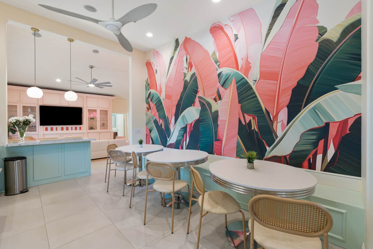 Dine in timeless pink-and-palm perfection
