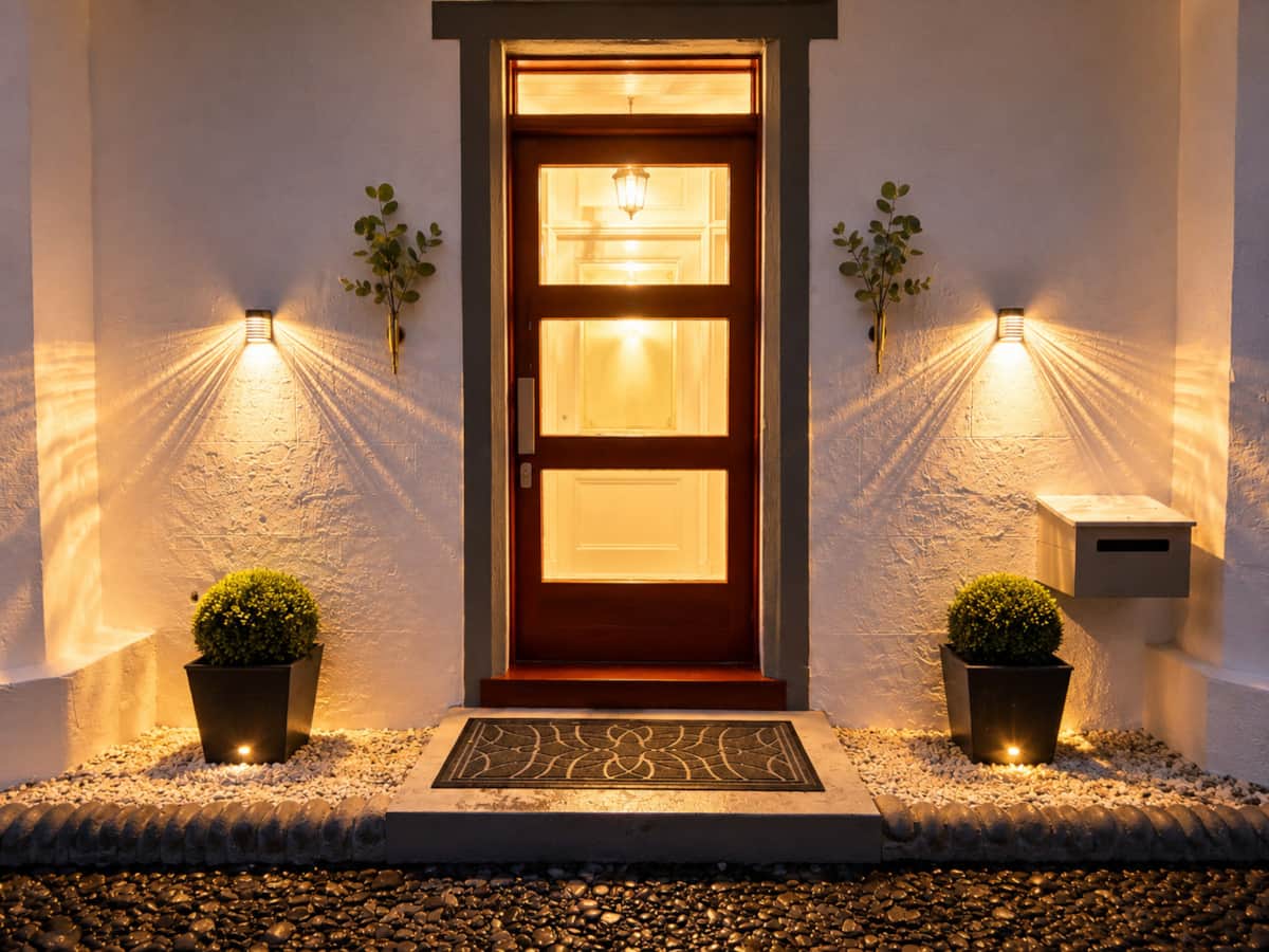 Lantern-lit front door, flanked by clipped box topiary.
