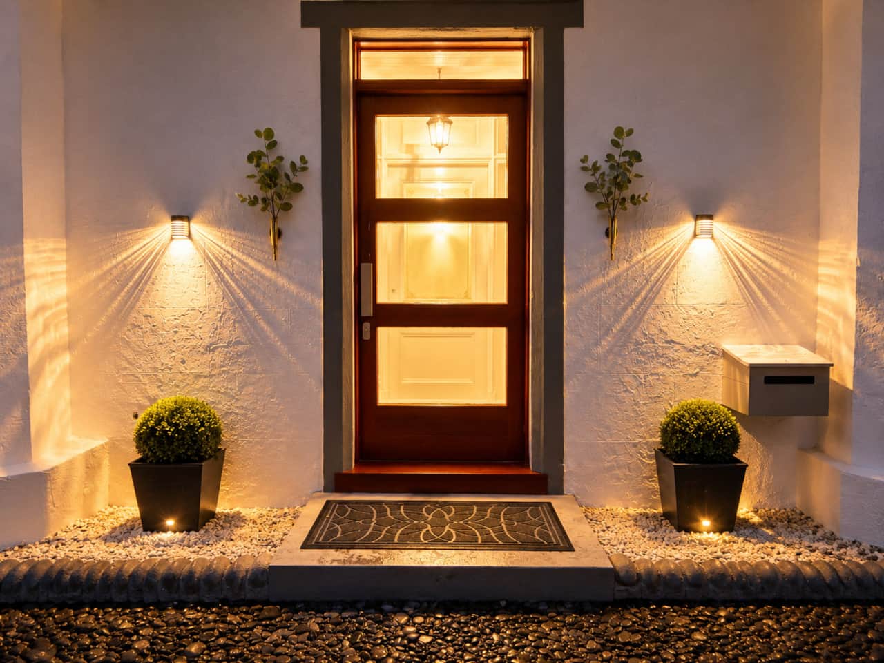 Lantern-lit front door, flanked by clipped box topiary.