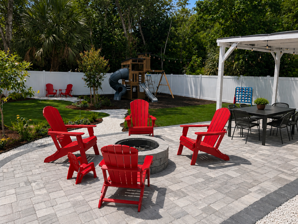 Backyard firepit, connect 4, corn hole, playground, mini golf, and gazebo/outdoor dining with fan.