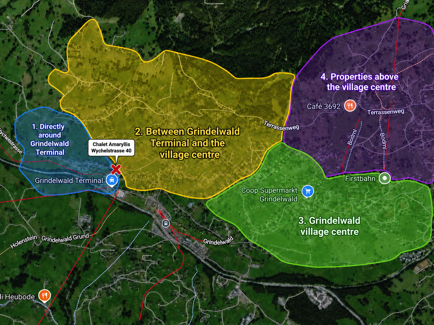Map showing accommodation areas around Grindelwald Terminal and the village centre