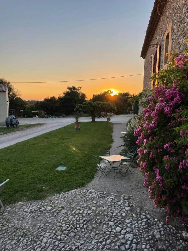 garden, garden furniture, chairs, table, sunset