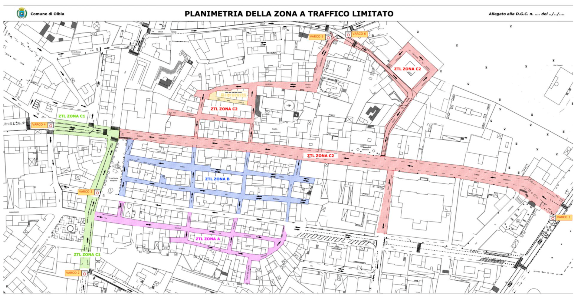 Official Comune di Olbia ZTL planimetria: zones A, B, C1, C2 and six camera gates (Varco 1–6), Olbia historic centre.